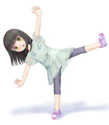 Rule 34 | 1girl, :o, animal print, balancing, black hair, blue dress, blunt bangs, capri pants, dress, female focus, full body, green eyes, highres, leaning to the side, looking at viewer, open mouth, original, outstretched arms, pants, pants under dress, print dress, purple footwear, rabbit print, shoes, simple background, sneakers, solo, spread arms, standing, standing on one leg, white background, yuyuzuki (yume usagi)