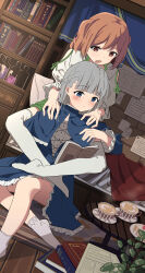 Rule 34 | 2girls, absurdres, bed, blue eyes, blush, book, bookshelf, braid, brown eyes, cake, cake slice, capelet, coffee cup, cup, disposable cup, dress, food, grey hair, hands on another&#039;s shoulders, highres, kanne (sousou no frieren), lawine (sousou no frieren), long hair, long sleeves, multiple girls, open mouth, reading, short hair, shorts, soha (sirohase), sousou no frieren, table, thighhighs