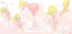 Rule 34 | 1girl, armpits, arms up, ass, blonde hair, breasts, cameltoe, covered erect nipples, covered navel, crown, exercising, closed eyes, highres, leotard, long hair, mario (series), nintendo, open mouth, pink crown, pink leotard, ponytail, princess peach, shoes, sitting, stretching, sweat, thighhighs
