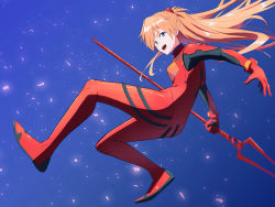 Rule 34 | 1girl, all fours, ass, bident, blue background, blue eyes, bodysuit, floating hair, full body, highres, holding, holding weapon, interface headset, jumping, lance of longinus (evangelion), legs apart, long hair, looking at viewer, looking to the side, neon genesis evangelion, open mouth, orange hair, plugsuit, polearm, smile, souryuu asuka langley, twintails, two side up, weapon, yakisobaosu