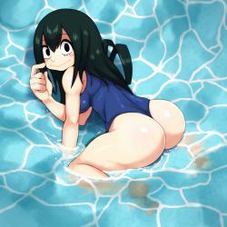 Rule 34 | 10s, 1girl, all fours, ass, asui tsuyu, bare shoulders, bent over, black eyes, black hair, blush stickers, boku no hero academia, breasts, female focus, finger to cheek, frog girl, hair rings, highleg, highleg swimsuit, huge ass, long hair, looking at viewer, mato spectoru, one-piece swimsuit, partially submerged, shiny skin, smile, solo, swimsuit, water