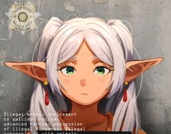 Rule 34 | 1girl, commentary, earrings, english commentary, english text, frieren, green eyes, highres, jewelry, khyle., long hair, looking at viewer, pointy ears, portrait, solo, sousou no frieren, twintails, white hair
