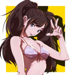 Rule 34 | 1girl, alternate costume, bikini, black eyes, border, breasts, brown hair, cleavage, collarbone, commentary, earrings, fingernails, highres, jewelry, kujikawa rise, long hair, looking at viewer, medium breasts, nail polish, outside border, persona, persona 4, pink bikini, pink nails, shadow, simple background, smile, solo, swimsuit, tongue, tongue out, twintails, umenituru, upper body, v, white border, yellow background