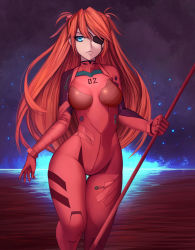 Rule 34 | 1girl, blue eyes, breasts, breasts apart, eyepatch, glowing, highres, lance, lance of longinus (evangelion), legs together, long hair, looking at viewer, neon genesis evangelion, plugsuit, polearm, rebuild of evangelion, red hair, reflection, solo, souryuu asuka langley, standing, thigh gap, thighs, toniwing, two side up, very long hair, water, weapon