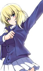 Rule 34 | 1girl, absurdres, adjusting clothes, aikir (jml5160), arm up, bc freedom military uniform, blonde hair, blue eyes, blue jacket, blue vest, blush, closed mouth, commentary, cowboy shot, dress shirt, frown, girls und panzer, high collar, highres, jacket, long sleeves, looking at viewer, medium hair, messy hair, military, military uniform, miniskirt, oshida (girls und panzer), pleated skirt, shirt, simple background, skirt, solo, uniform, vest, white background, white shirt, white skirt