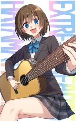 Rule 34 | 1girl, :d, black jacket, blazer, blue bow, blue eyes, blush, bob cut, bow, brown hair, character name, collared shirt, copyright name, dress shirt, extreme hearts, feet out of frame, fingernails, guitar, hair between eyes, hayama hiyori, highres, holding, holding instrument, instrument, jacket, long sleeves, looking at viewer, music, open mouth, plaid, plaid skirt, playing instrument, pleated skirt, school uniform, shirt, short hair, sitting, skirt, smile, solo, somechime (sometime1209), text background, white shirt