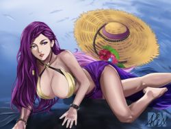 Rule 34 | 1girl, bad source, bare shoulders, bikini, braid, breasts, cleavage, collar, collarbone, curvy, dmnalexknight, fire emblem, fire emblem heroes, flower, hair ornament, hat, large breasts, lips, loki (fire emblem), long hair, looking at viewer, lying, nintendo, official alternate costume, open mouth, purple eyes, purple hair, purple sarong, revealing clothes, sarong, simple background, solo, straw hat, sun hat, swimsuit, thighs, water