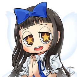 Rule 34 | 1girl, profile picture, black hair, blue bow, blue ribbon, blunt bangs, bow, chamaji, collared dress, commentary, dress, fairy, fairy wings, frilled sleeves, frills, hair bow, long hair, looking at viewer, lowres, neck ribbon, open mouth, own hands together, puffy short sleeves, puffy sleeves, ribbon, short sleeves, sidelocks, signature, smile, solo, star-shaped pupils, star (symbol), star sapphire, symbol-shaped pupils, teeth, touhou, upper body, upper teeth only, white background, wings