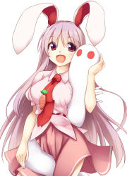Rule 34 | 1girl, :d, animal ears, bad id, bad pixiv id, breasts, carrot, commentary request, cowboy shot, happy, hisae (hisae collect), kune-kune, large breasts, long hair, necktie, open mouth, pink shirt, pink skirt, puffy short sleeves, puffy sleeves, purple hair, rabbit ears, red eyes, red neckwear, reisen udongein inaba, shirt, short sleeves, skirt, smile, touhou, urban legend in limbo, very long hair