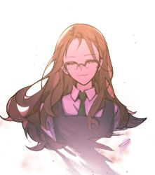 Rule 34 | 1girl, brown hair, closed eyes, dissolving, facing viewer, glasses, green necktie, highres, hua yao, long hair, nagase koito, necktie, school uniform, simple background, solo, upper body, white background, wonder egg priority