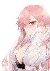 Rule 34 | 1girl, absurdres, blush, breasts, cleavage, collared shirt, eyes visible through hair, girls&#039; frontline, hair between eyes, highres, holding, holding towel, jingo, long hair, looking at viewer, medium breasts, negev (girls&#039; frontline), open clothes, open shirt, parted lips, pink hair, red eyes, shirt, sidelocks, simple background, solo, towel, upper body, wet, wet clothes, white background, white shirt, wiping face