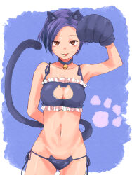 Rule 34 | 1girl, :p, animal ears, animal hands, animal print, arm behind back, armpits, bell, blush, border, bra, breasts, brown eyes, cat bra, cat ears, cat panties, cat print, cat tail, choker, cleavage cutout, clothing cutout, collarbone, commentary, cowboy shot, fake animal ears, frilled bra, frills, gloves, gluteal fold, groin, hand up, highres, jingle bell, kobayakawa rinko, lingerie, looking at viewer, love plus, medium breasts, meme attire, navel, neck bell, panties, paw gloves, paw pose, paw print, print panties, purple bra, purple choker, purple hair, purple panties, short hair, side-tie panties, solo, straight-on, swept bangs, tail, terasu mc, thigh gap, tongue, tongue out, underwear, underwear only, white border