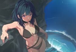 Rule 34 | 1girl, ahonoko, bare arms, bare shoulders, bikini, black bikini, blue eyes, blue hair, breasts, byleth (female) (fire emblem), byleth (female) (summer) (fire emblem), byleth (fire emblem), commentary request, cowboy shot, fire emblem, fire emblem: three houses, fire emblem heroes, groin, large breasts, navel, nintendo, official alternate costume, parted lips, short hair, solo, standing, stomach, swimsuit, water