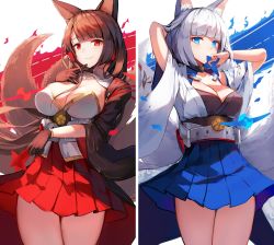 Rule 34 | 2girls, aircraft, airplane, akagi (azur lane), animal ears, arm behind head, azur lane, blue eyes, blue skirt, blunt bangs, blush, breasts, brown hair, choker, cleavage, covered mouth, finger to own chin, fire, flight deck scroll, fox ears, fox tail, gloves, hair ornament, highres, holding, japanese clothes, kaga (azur lane), large breasts, long hair, looking at viewer, mask, multiple girls, multiple tails, natsumoka, petals, pleated skirt, red eyes, red skirt, short hair, sidelocks, skirt, smile, tail, thighs, white hair, wide sleeves, wristband