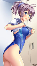 Rule 34 | 1girl, aoba (kancolle), ass, blue eyes, blue sailor collar, blue one-piece swimsuit, breasts, competition swimsuit, covered navel, cowboy shot, dated, hair between eyes, highleg, highleg swimsuit, highres, indoors, kantai collection, locker, locker room, looking at viewer, medium breasts, messy hair, neckerchief, one-piece swimsuit, ponytail, purple hair, sailor collar, school uniform, solo, surprised, sweatdrop, swimsuit, swimsuit under clothes, tsuchimiya, undressing
