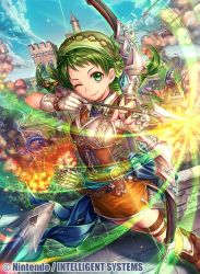Rule 34 | 1girl, arrow (projectile), bandana, belt, boots, bow (weapon), company connection, copyright name, drawing bow, fingerless gloves, fire emblem, fire emblem: the blazing blade, fire emblem cipher, fumi (butakotai), gloves, green eyes, green hair, holding, holding bow (weapon), holding weapon, knee boots, looking at viewer, matching hair/eyes, miniskirt, nintendo, one eye closed, quiver, rebecca (fire emblem), skirt, smile, solo, weapon
