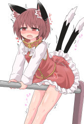 Rule 34 | 1girl, animal ear fluff, animal ears, blush, bow, bowtie, breasts, brown hair, cat ears, cat tail, chen, chups, fang, feet out of frame, female ejaculation through clothes, female masturbation, female orgasm, gold trim, grinding, highres, masturbation, masturbation through clothes, multiple tails, nekomata, no headwear, nose blush, open mouth, orgasm, pussy juice, red eyes, red skirt, red vest, short hair, simple background, skirt, small breasts, solo, tail, touhou, two tails, vest, white background, white bow, white bowtie