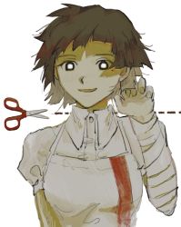 Rule 34 | 1girl, alternate hair length, alternate hairstyle, apron, bandaged arm, bandages, black eyes, breasts, brown hair, collared shirt, commentary request, cutting hair, danganronpa (series), danganronpa 2: goodbye despair, grey background, large breasts, mole, mole under eye, open mouth, pink shirt, puffy short sleeves, puffy sleeves, scissors, sema (vivaviva 02), shirt, short hair, short sleeves, simple background, solo, tsumiki mikan, upper body