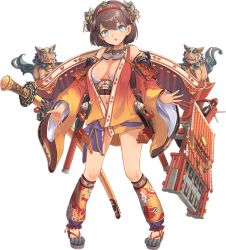 Rule 34 | 1girl, artist request, blue eyes, breasts, brown hair, cleavage, detached sleeves, full body, hairband, katana, large breasts, official art, open clothes, open mouth, oshiro project:re, oshiro project:re, short hair, shuri (oshiro project), sword, transparent background, weapon
