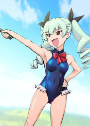 Rule 34 | &gt;:d, 10s, 1girl, :d, anchovy (girls und panzer), armpits, bare shoulders, black ribbon, blue leotard, blue one-piece swimsuit, blue sky, blurry, bow, bowtie, breasts, breasts apart, brown eyes, cloud, cosplay, covered navel, cowboy shot, day, dead or alive, depth of field, drill hair, frilled swimsuit, frills, girls und panzer, hair between eyes, hair ribbon, halterneck, hand on own hip, holding, lace, legs apart, leotard, long hair, looking to the side, marie rose, marie rose (cosplay), medium breasts, one-piece swimsuit, open mouth, outdoors, outstretched arm, red bow, red bowtie, ribbon, silver hair, sketch, skin tight, sky, smile, solo, standing, swimsuit, turtleneck, twin drills, ueyama michirou, v-shaped eyebrows