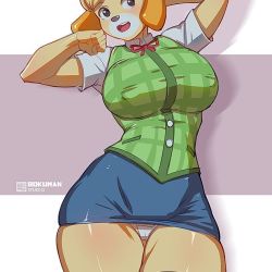Rule 34 | 1girl, animal crossing, animal ears, arm behind head, arms up, artist name, black eyes, blonde hair, blue skirt, blush, bokuman, breasts, cameltoe, clenched hand, covered erect nipples, cowboy shot, dog ears, dog girl, female focus, furry, furry female, green vest, happy, isabelle (animal crossing), jpeg artifacts, large breasts, light blush, looking to the side, miniskirt, neck ribbon, nintendo, open mouth, panties, pantyshot, pencil skirt, plaid, plaid vest, red ribbon, ribbon, shiny clothes, shiny skin, shirt, short hair, short sleeves, simple background, skindentation, skirt, smile, solo, standing, teeth, thick thighs, thighs, two-tone background, underwear, vest, watermark, white panties, white shirt, wide hips