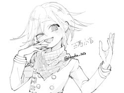 Rule 34 | 1boy, :d, blush, buttons, character name, commentary request, danganronpa (series), danganronpa v3: killing harmony, greyscale, hair between eyes, half-closed eye, hands up, highres, ichika (honoka 1250), jacket, long sleeves, looking at viewer, male focus, monochrome, open mouth, oma kokichi, raised eyebrow, ringed eyes, scarf, short hair, simple background, sketch, smile, solo, twitter username, upper body, white background