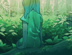 Rule 34 | 1girl, arm support, dress, facing away, from behind, green background, green theme, ka (marukogedago), leaf, limited palette, medium hair, moss, original, outdoors, short sleeves, sitting, solo, tree
