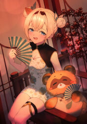 Rule 34 | 1girl, absurdres, black hairband, black straps, blonde hair, blue eyes, blush, china dress, chinese clothes, cleavage cutout, clothing cutout, commentary request, crossed bangs, double-parted bangs, double bun, dress, floral print, folding fan, hair between eyes, hair bun, hair ornament, hairband, hand fan, highres, holding, holding fan, hololive, juu1010, kazama iroha, leaf hair ornament, legs together, looking at viewer, microdress, on chair, open mouth, pokobee, print dress, short hair, sitting, sleeveless, sleeveless dress, solo, tanuki, tree, virtual youtuber, white dress, wooden chair