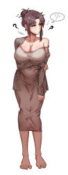 Rule 34 | 1girl, ?, ??, absurdres, asymmetrical bangs, barefoot, breasts, brown eyes, brown hair, cleavage, clothing request, collarbone, feet, gigle, highres, holding own arm, huge breasts, korean commentary, looking to the side, mole, mole on breast, motion lines, nightgown, off shoulder, original, pencil, pencil in hair, searching, shiny skin, solo, speech bubble, waking up, white background, wide hips