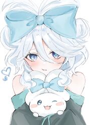 Rule 34 | 1girl, ;3, ;d, bare shoulders, black sleeves, blue bow, blue eyes, blush, blush stickers, bow, cinnamiku, cinnamiku hairstyle, cinnamoroll, commentary request, cosplay, detached sleeves, eyelashes, furina (genshin impact), genshin impact, hair between eyes, hatsune miku, hatsune miku (cosplay), heart, heterochromia, highres, hisui (xztw), long sleeves, looking at viewer, mismatched pupils, one eye closed, open mouth, parted lips, sanrio, short hair, sidelocks, simple background, smile, swept bangs, tied ears, updo, upper body, vocaloid, white background, white hair
