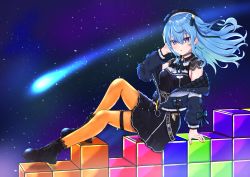 Rule 34 | 1girl, absurdres, ahoge, arm support, beret, black hat, black skirt, block (object), blue coat, blue eyes, blue hair, boots, choker, coat, comet, commentary request, fingernails, fue (lars0713), full body, hand in own hair, hat, highres, hololive, hoshimachi suisei, hoshimachi suisei (streetwear), jacket, knee up, lace, lace choker, looking at viewer, nail polish, o-ring, o-ring thigh strap, off-shoulder coat, off shoulder, open clothes, open jacket, orange nails, orange pantyhose, padded coat, pantyhose, parted lips, side ponytail, skirt, solo, space, star (symbol), starry background, tetris, thigh strap, virtual youtuber, wavy hair, wind