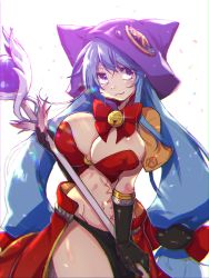 Rule 34 | 1girl, :3, animal hat, bikini, bikini top only, black gloves, blue hair, blush, breasts, brown capelet, capelet, closed mouth, commentary request, commission, covered erect nipples, cowboy shot, crossover, elbow gloves, gloves, hat, highres, holding, holding staff, kamihime project, large breasts, long hair, looking at viewer, mage (ragnarok online), merlin (kamihime project), midriff, navel, pelvic curtain, purple eyes, purple hat, ragnarok online, red bikini, red skirt, showgirl skirt, skeb commission, skirt, smile, solo, staff, swimsuit, tanono, very long hair, white background
