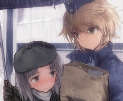 Rule 34 | 10s, 2girls, bag, black gloves, blush, brave witches, brown eyes, coat, edytha rossmann, gloves, hair between eyes, hat, holding, light brown hair, looking at another, lowres, military, military uniform, multiple girls, paper bag, popped collar, rain, shared umbrella, shimada fumikane, short hair, silver hair, smile, strike witches, umbrella, uniform, waltrud krupinski, wet, wet clothes, world witches series, yuri