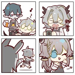 Rule 34 | 2boys, 3girls, alina (arknights), animal ears, apron, arknights, blue eyes, blue hair, braid, chibi, closed eyes, closed mouth, cup, deer ears, faust (arknights), food, frostnova (arknights), grey apron, hand up, heart, highres, holding, holding cup, juice, long hair, long sleeves, low-tied long hair, mephisto (arknights), multiple boys, multiple girls, one eye closed, open mouth, pale skin, pointy ears, pudding, rabbit ears, shirt, sidelocks, simple background, smile, south ac, talulah (arknights), white background, white shirt, xo