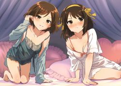 Rule 34 | 2girls, :3, arm support, averting eyes, bare shoulders, barefoot, blush, bra, breasts, brown eyes, brown hair, cleavage, closed mouth, collarbone, commentary request, curtains, embarrassed, feet, frown, full body, hair ribbon, hairband, hand in own hair, hand up, heart, heart-shaped pillow, highres, hotaru iori, kneeling, lingerie, long sleeves, looking at viewer, looking to the side, medium hair, multiple girls, negligee, off shoulder, on bed, pillow, pink bra, ribbon, sasaki (suzumiya haruhi), second-party source, see-through, short hair, short sleeves, suzumiya haruhi, suzumiya haruhi no yuuutsu, sweat, toes, underwear, valentine, yellow hairband, yellow ribbon