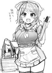 Rule 34 | 1girl, apron, bag, bandana, blush, breasts, chougei (kancolle), greyscale, hair ornament, hair rings, highres, holding, holding bag, holding torpedo, junes, kantai collection, large breasts, long hair, monochrome, open mouth, shawl, simple background, sketch, skirt, solo, sparkle, thighhighs, torpedo, waist apron