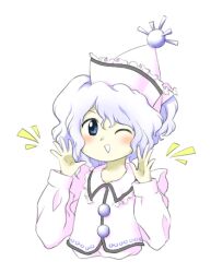 Rule 34 | 1girl, ;d, blue eyes, blue hair, frilled hat, frills, hands up, hat, light blue hair, long sleeves, merlin prismriver, nonamejd, official style, one eye closed, open mouth, short hair, simple background, smile, solo, touhou, upper body, vest, white background, white hat, white vest, zun (style)