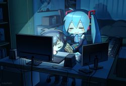 Rule 34 | 1boy, 1girl, = =, aqua hair, bare shoulders, black sleeves, blanket, blush, bookshelf, box, chibi, commentary, computer, covering with blanket, desk, detached sleeves, closed eyes, grey shirt, hair ornament, hatsune miku, headphones, headset, indoors, instrument, keyboard (computer), keyboard (instrument), long hair, master (vocaloid), monitor, nokuhashi, plaid blanket, poster (object), room, screen light, shelf, shirt, shoulder tattoo, sleeping, sleeveless, sleeveless shirt, smile, speaker, tattoo, twintails, very long hair, vocaloid, vocaloid boxart pose