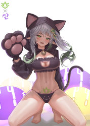 Rule 34 | 1girl, age progression, aged up, alternate costume, animal ear headwear, animal hands, arms behind back, barefoot, bell, bikini, black bikini, blush, braid, breasts, cat cutout, cat girl, cat tail, cleavage, cleavage cutout, clothing cutout, colored tips, commentary request, fake animal ears, fang, frilled bikini, frills, genshin impact, gloves, gradient hair, green hair, hair ornament, hand up, hood, hood up, hoodie, jingle bell, kemonomimi mode, kneeling, long hair, long sleeves, looking at viewer, medium breasts, multicolored hair, nahida (genshin impact), navel, open mouth, paw gloves, pointy ears, ponytail, pubic tattoo, raised eyebrows, shrug (clothing), sidelocks, solo, spread legs, stomach, sweat, swimsuit, tail, tattoo, thighs, toes, toki88909, two-tone hair, white hair