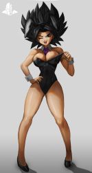 Rule 34 | 1girl, absurdres, black nails, bow, bowtie, breasts, caulifla, cleavage, collar, detached collar, dragon ball, dragon ball super, elite nappa, hand on own hip, high heels, highres, large breasts, leotard, nail polish, playboy bunny, rabbit ears, rabbit tail, solo, tongue, tongue out, wristband