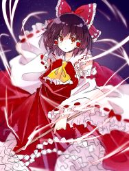 Rule 34 | 1girl, andressina, ascot, bare shoulders, black hair, bow, collar, detached sleeves, frilled bow, frilled collar, frilled shirt collar, frilled skirt, frilled sleeves, frills, gohei, hair bow, hair tubes, hakurei reimu, holding, long sleeves, looking away, night, night sky, nontraditional miko, open mouth, red bow, red eyes, red skirt, short hair, skirt, skirt set, sky, solo, star (sky), starry sky, touhou