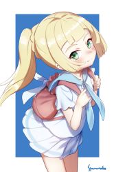 Rule 34 | 1girl, artist name, backpack, bad id, bad twitter id, bag, blonde hair, blue neckerchief, blue sailor collar, blue skirt, blunt bangs, blush, closed mouth, commentary, creatures (company), dutch angle, from above, game freak, green eyes, highres, leaning forward, lillie (pokemon), looking at viewer, medium hair, neckerchief, nintendo, pleated skirt, pokemon, pokemon sm, ponytail, sailor collar, school uniform, serafuku, shamonabe, sidelocks, signature, simple background, skirt, smile, solo