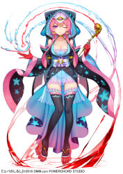 Rule 34 | 1girl, bare shoulders, blood, choker, earrings, expressionless, full body, gloves, hood, hood up, iltusa, jewelry, official art, one eye closed, pink hair, purple eyes, sandals, solo, thighhighs, water, white background, wide sleeves, yuba no shirushi