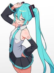 Rule 34 | 1girl, aqua eyes, aqua hair, aqua nails, aqua necktie, arm up, bare shoulders, black skirt, collared shirt, cowboy shot, detached sleeves, from side, hair ornament, half-closed eyes, hatsune miku, highres, jitome, kumada gaon, long hair, looking at viewer, nail polish, necktie, open mouth, pleated skirt, shirt, shoulder tattoo, simple background, skirt, sleeveless, sleeveless shirt, smile, smirk, solo, tattoo, twintails, two-tone skirt, very long hair, vocaloid, white background, white shirt