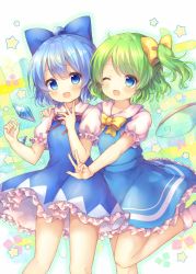 Rule 34 | 2girls, :d, ;d, ahoge, blue bow, blue dress, blue eyes, blue hair, blue wings, blush, bobby socks, bow, breasts, cirno, coa (chroo x), collared shirt, commentary request, daiyousei, dress, fairy wings, frilled dress, frills, green hair, hair between eyes, hair bow, ice, ice wings, long hair, multiple girls, neck ribbon, one eye closed, one side up, open mouth, outstretched arm, puffy short sleeves, puffy sleeves, red ribbon, ribbon, shirt, short sleeves, sleeveless, sleeveless dress, small breasts, smile, socks, standing, standing on one leg, star (symbol), touhou, transparent wings, white legwear, white shirt, wings, yellow bow