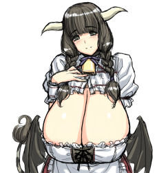 Rule 34 | 1girl, bat wings, bell, black eyes, black hair, braid, breasts, cleavage, cow girl, cow horns, cow tail, demon wings, dress, female focus, gigantic breasts, horns, long hair, long skirt, looking at viewer, magaki ryouta, maid, monster girl, original, sagging breasts, simple background, skirt, smile, solo, standing, tail, twin braids, upper body, white background, wings