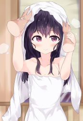 Rule 34 | 1girl, absurdres, arms up, black hair, blush, closed mouth, collarbone, commentary request, disembodied hand, hair between eyes, highres, indoors, long hair, naked towel, numahata tofu., original, purple hair, red eyes, smile, solo focus, towel, towel on head, upper body