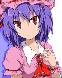 Rule 34 | 1girl, ascot, bad id, bad pixiv id, brooch, fang, female focus, hat, jewelry, looking at viewer, pink hat, puffy short sleeves, puffy sleeves, purple hair, red eyes, remilia scarlet, short hair, short sleeves, solo, touhou, upper body, wata, white background, wrist cuffs