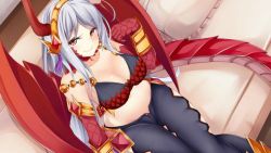 Rule 34 | 1girl, artist request, bare shoulders, black pants, breasts, cleavage, couch, dragon girl, dragon horns, dragon tail, game cg, grey hair, hairband, horns, horo (monster musume), large breasts, long hair, looking at viewer, midriff, monster musume no iru nichijou, monster musume no iru nichijou online, navel, official art, on couch, pants, red scales, red wings, scales, sitting, smile, solo, tail, wings