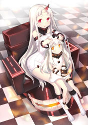 Rule 34 | 10s, 2girls, abyssal ship, ahoge, bad id, bad pixiv id, checkered floor, colored skin, comb, detached sleeves, dress, holding, horns, kantai collection, kneehighs, long hair, looking at viewer, mittens, multiple girls, northern ocean princess, orange eyes, parted lips, red eyes, seaport princess, single horn, sitting, sitting on person, socks, sora 72-iro, white dress, white hair, white legwear, white skin